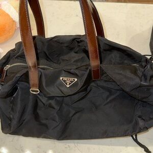 FLASH Prada Black Small Nylon Duffel Bag with Brown Leather Handles